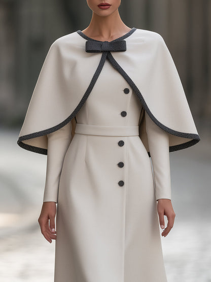 Bow-Neck Contrast-Trim Cape Midi Dress