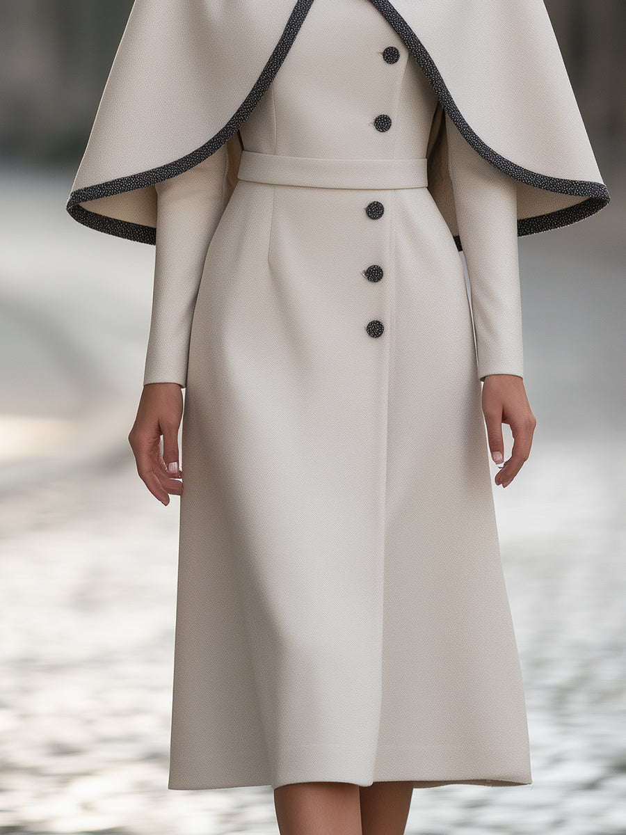 Bow-Neck Contrast-Trim Cape Midi Dress