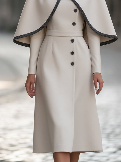Bow-Neck Contrast-Trim Cape Midi Dress