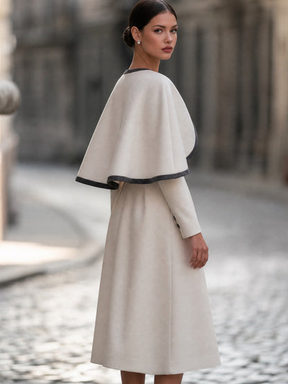 Bow-Neck Contrast-Trim Cape Midi Dress