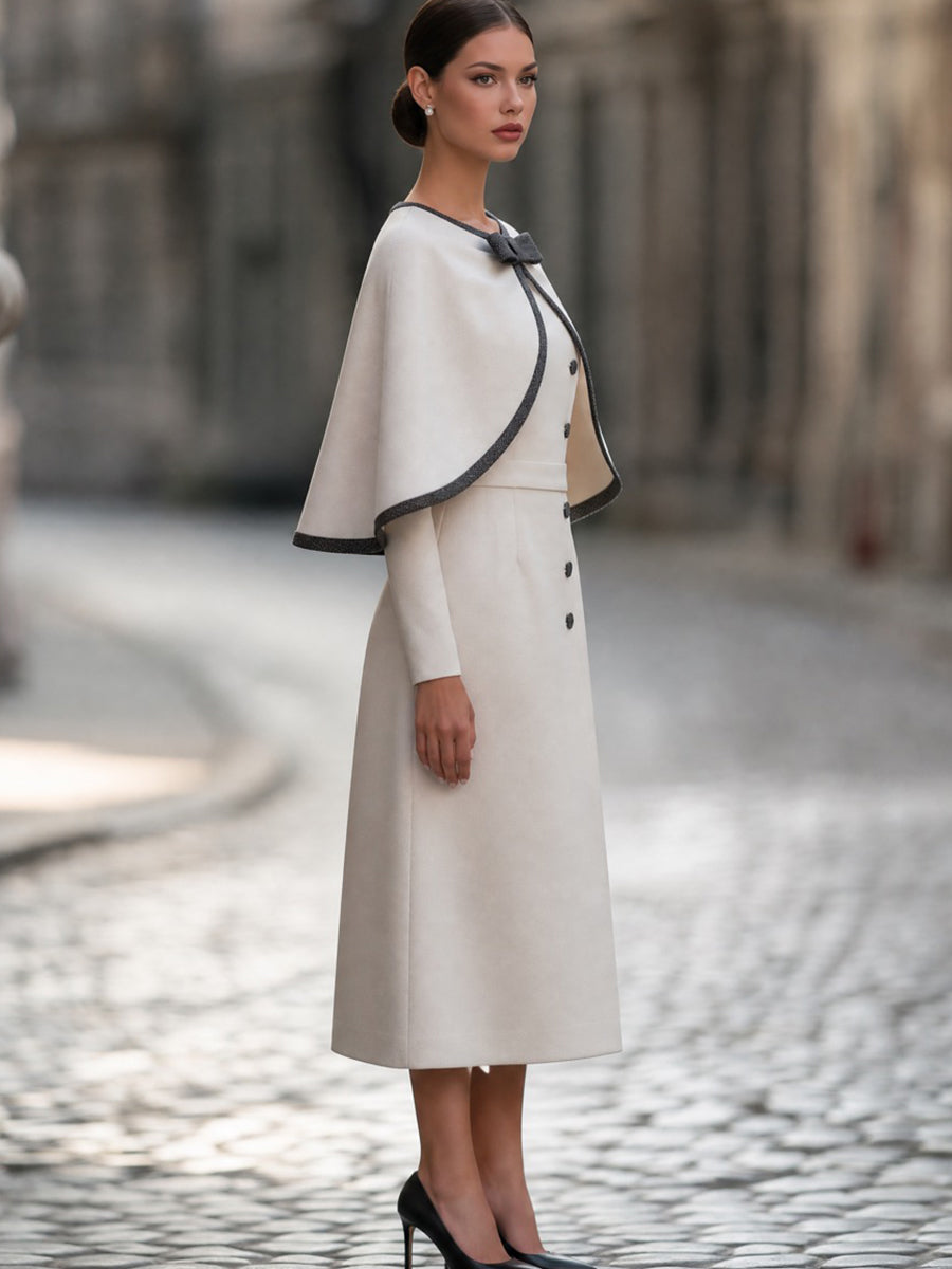 Bow-Neck Contrast-Trim Cape Midi Dress