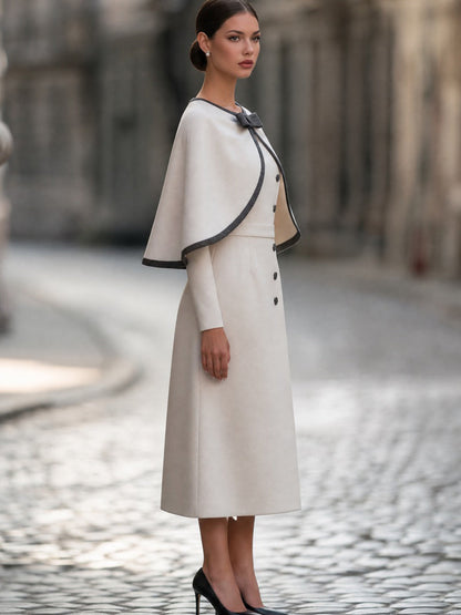 Bow-Neck Contrast-Trim Cape Midi Dress