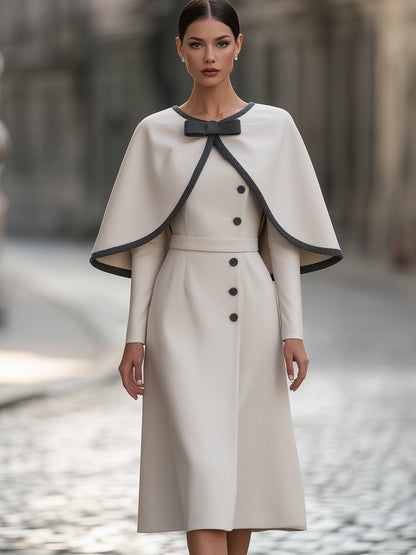 Bow-Neck Contrast-Trim Cape Midi Dress