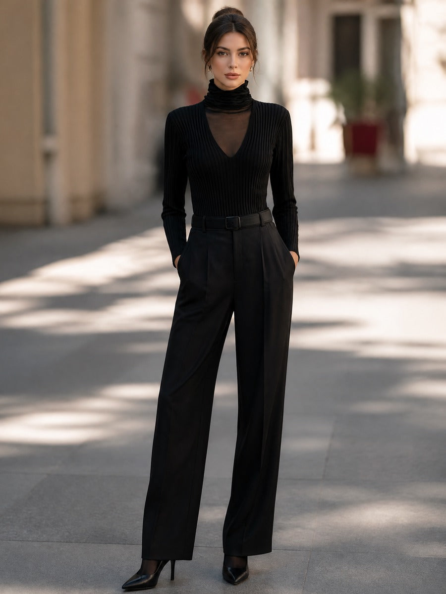 Mesh Turtleneck Ribbed Knit Top
