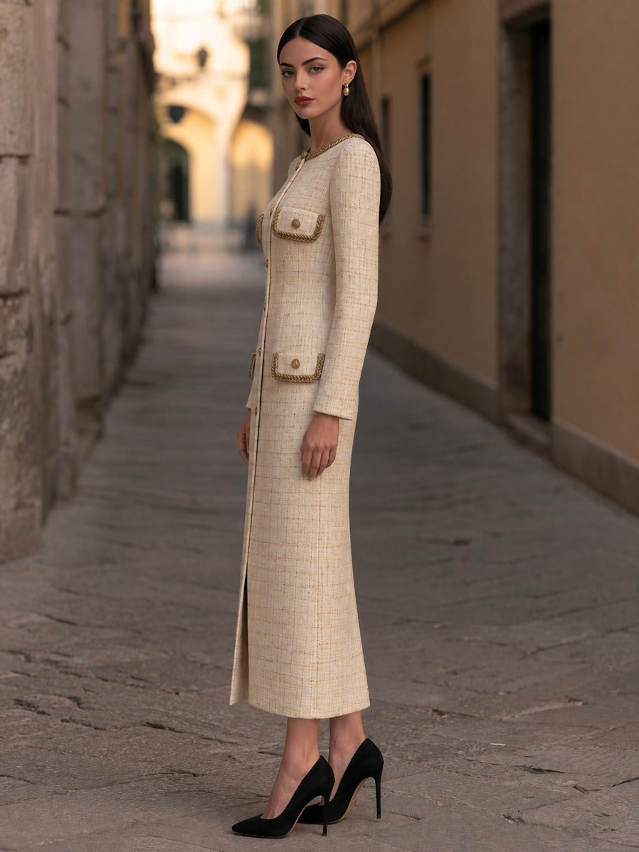 Gold-Trimmed Tweed Button-Up Front-Opening Maxi Dress