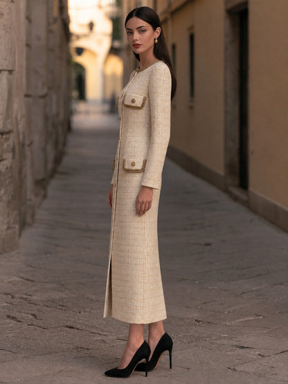 Gold-Trimmed Tweed Button-Up Front-Opening Maxi Dress
