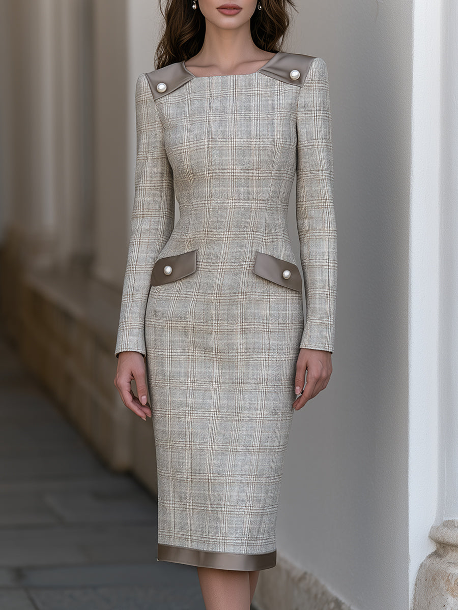 Pearl-Button Contrast-Trim Plaid Midi Dress