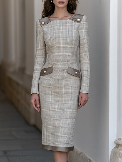 Pearl-Button Contrast-Trim Plaid Midi Dress