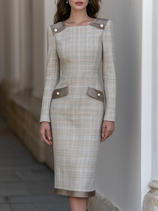 Pearl-Button Contrast-Trim Plaid Midi Dress