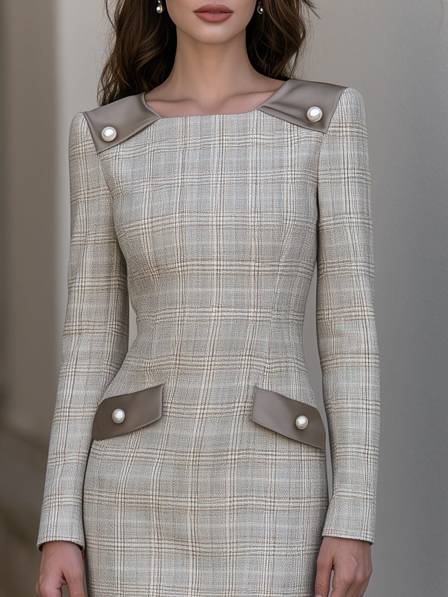 Pearl-Button Contrast-Trim Plaid Midi Dress