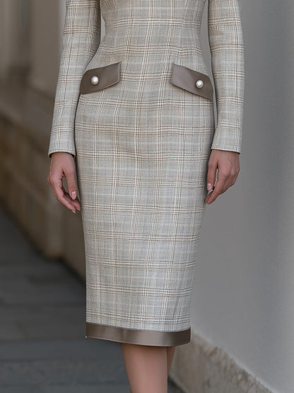 Pearl-Button Contrast-Trim Plaid Midi Dress