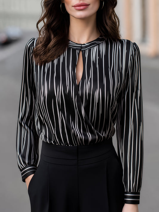Women's Striped Print V-Neck Long Sleeve Satin Blouse