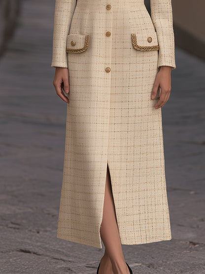 Gold-Trimmed Tweed Button-Up Front-Opening Maxi Dress
