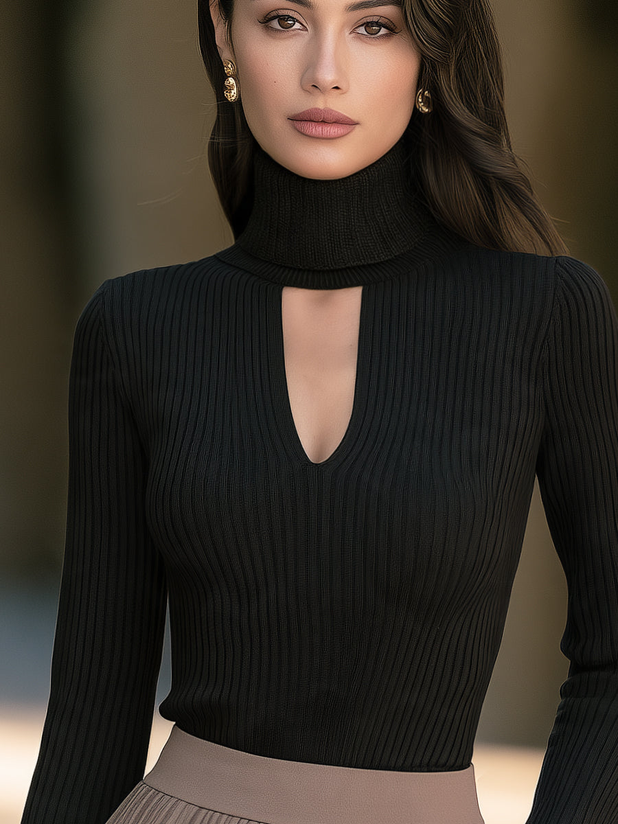Cutout Turtleneck Ribbed Knit Top