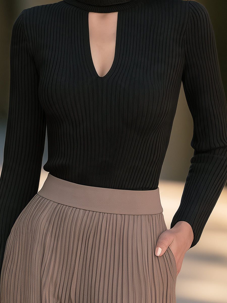 Cutout Turtleneck Ribbed Knit Top