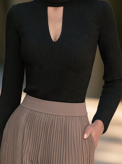 Cutout Turtleneck Ribbed Knit Top