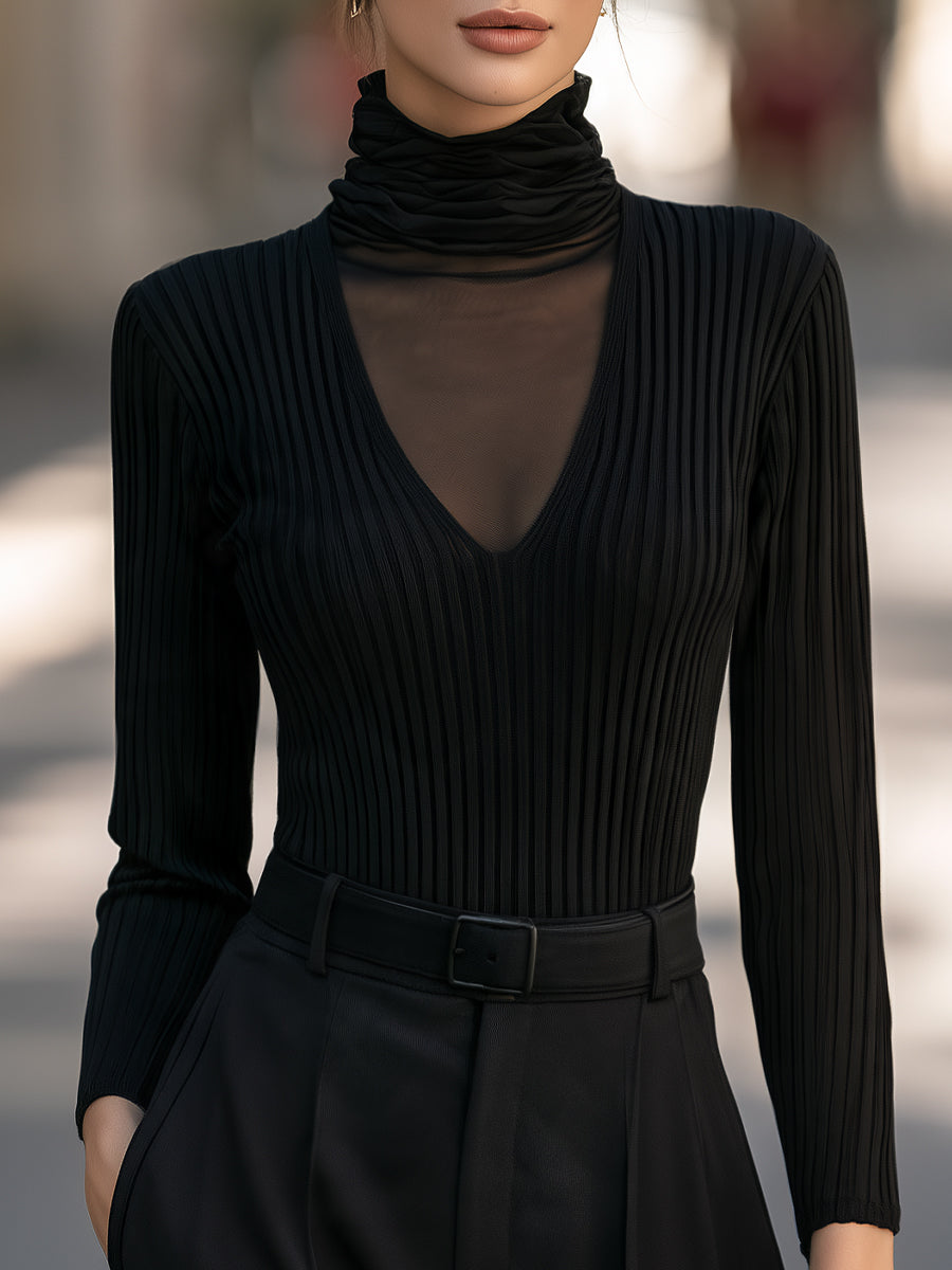 Mesh Turtleneck Ribbed Knit Top