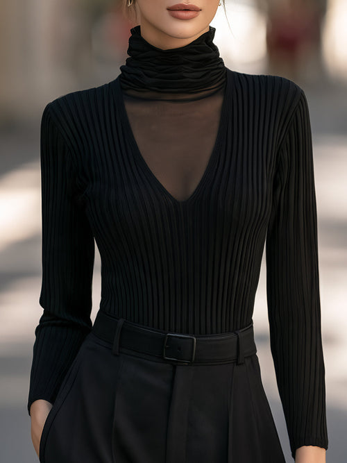 Mesh Turtleneck Ribbed Knit Top