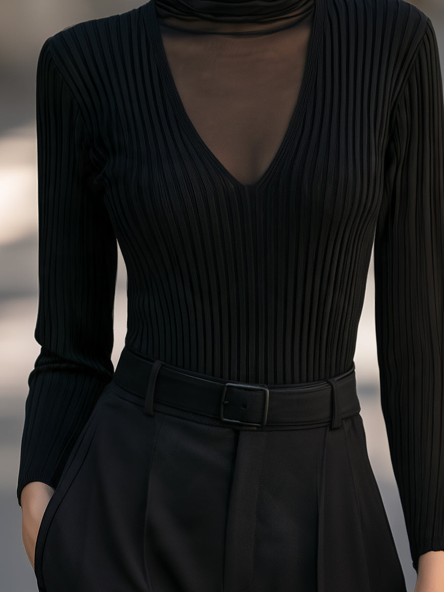 Mesh Turtleneck Ribbed Knit Top