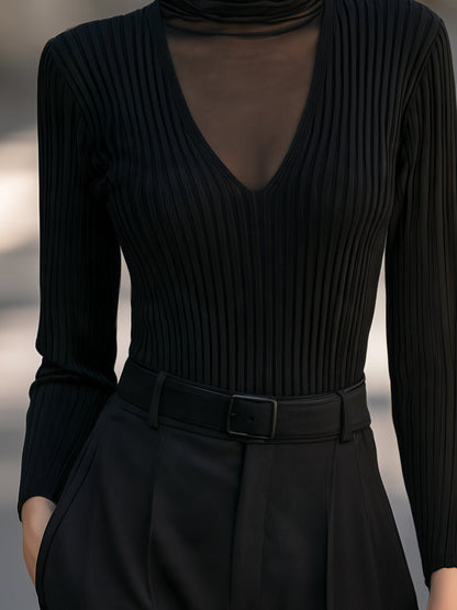 Mesh Turtleneck Ribbed Knit Top