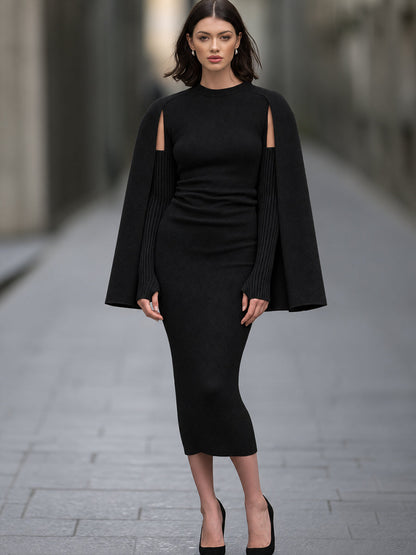 Cape-Sleeve Knit Midi Dress