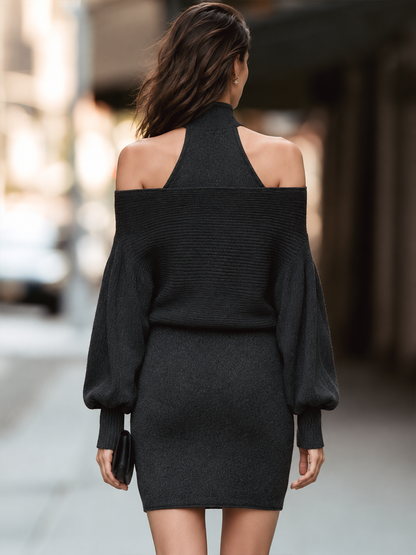 Mock-Neck Cold-Shoulder Balloon Sleeve Bodycon Mini Dress