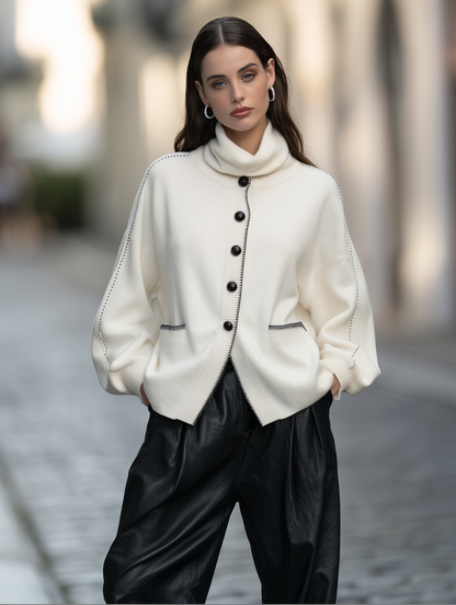 Contrast-Stitch Turtleneck Knit Cardigan