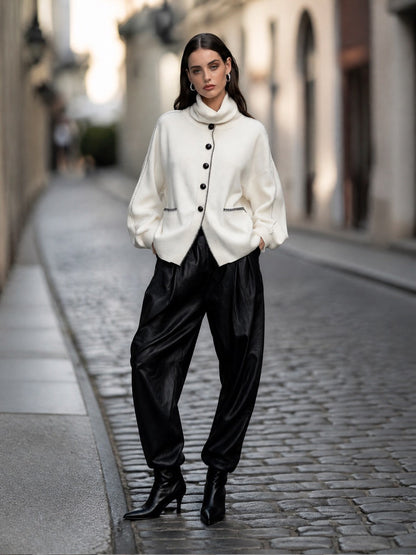 Contrast-Stitch Turtleneck Knit Cardigan