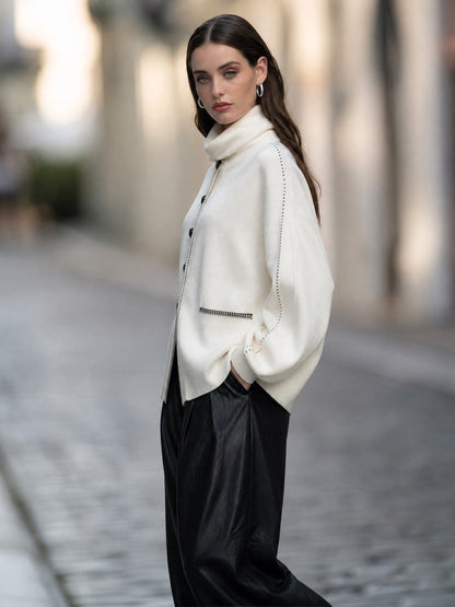 Contrast-Stitch Turtleneck Knit Cardigan