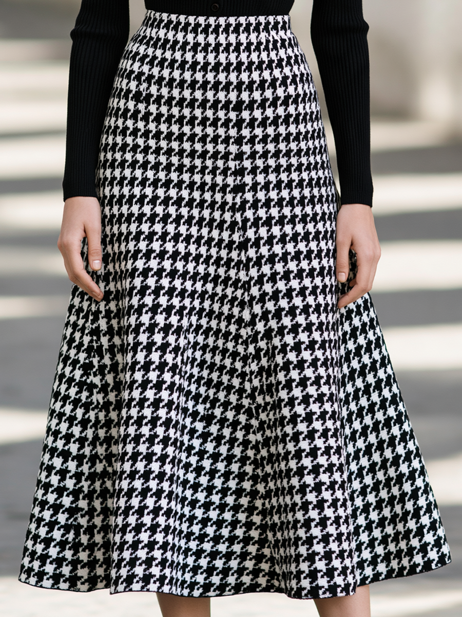 Ribbed Sweater Top & Houndstooth A-Line Midi Skirt Set