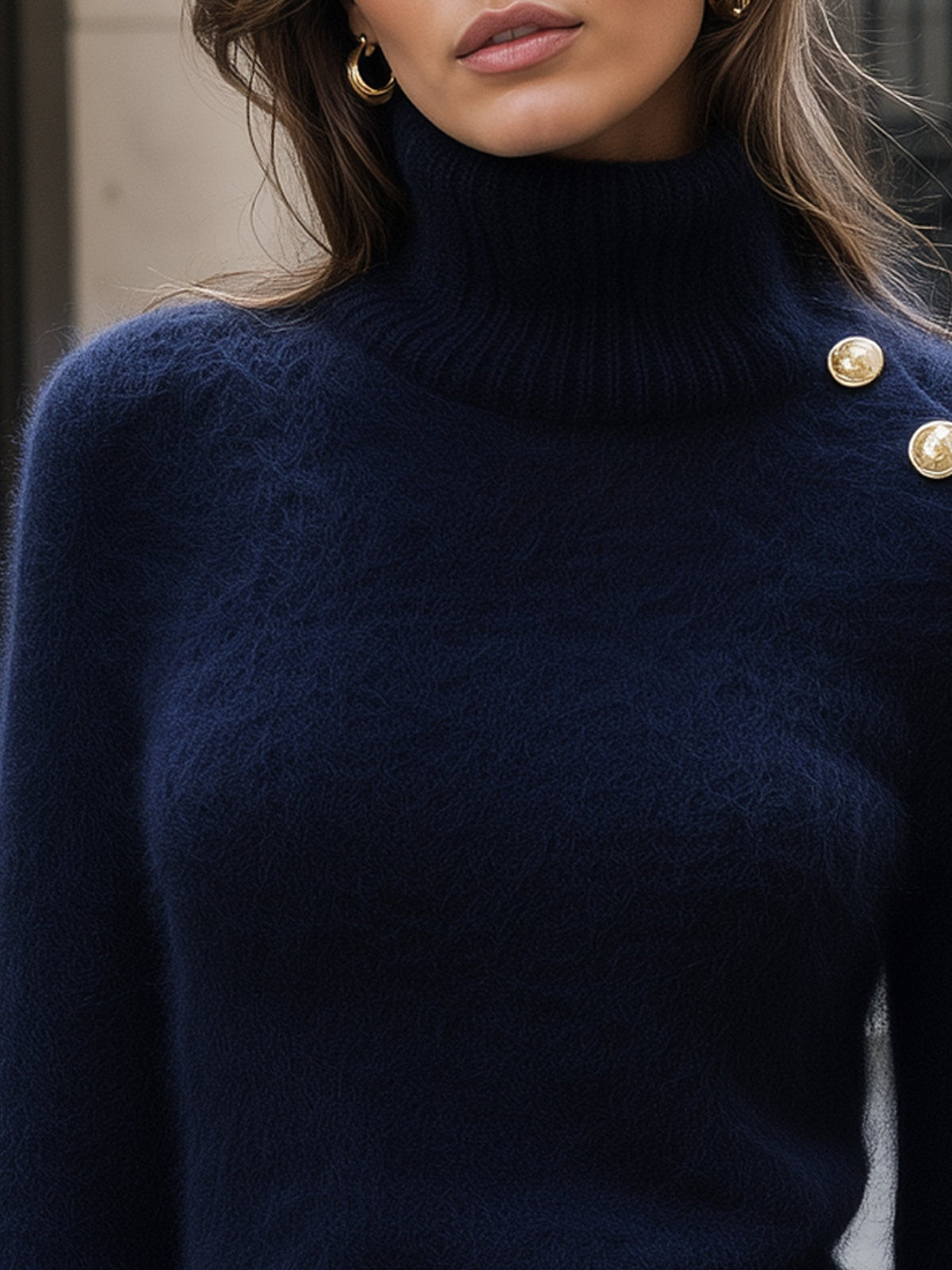 Gold Button Turtleneck Fluffy Knit Base Layer Top
