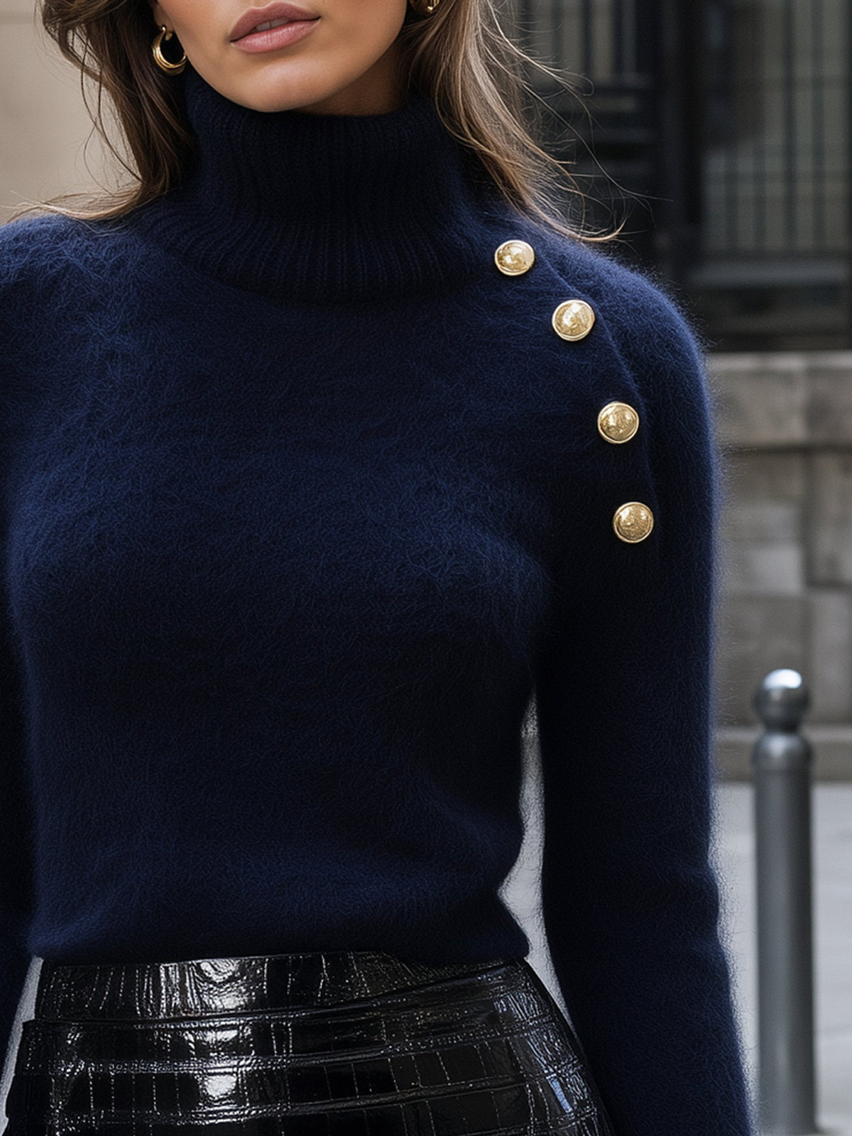 Gold Button Turtleneck Fluffy Knit Base Layer Top