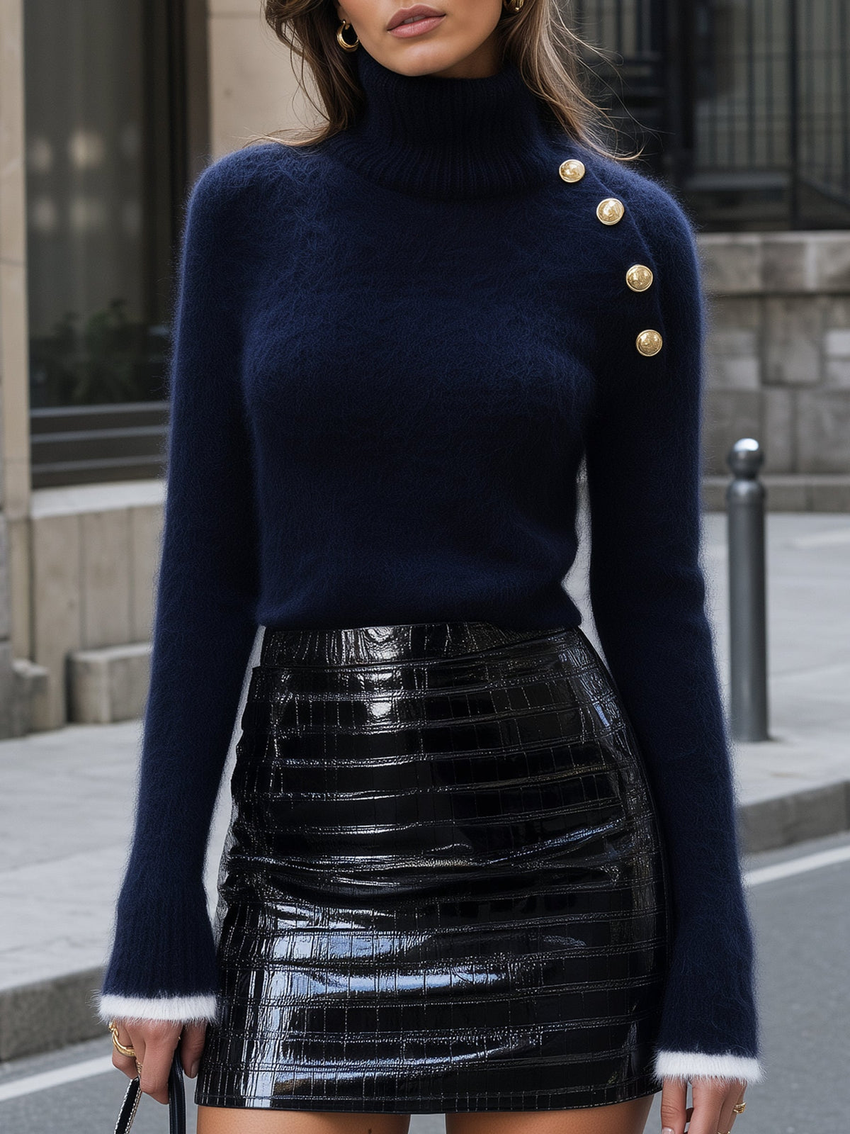 Gold Button Turtleneck Fluffy Knit Base Layer Top