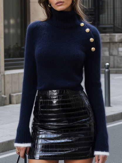 Gold Button Turtleneck Fluffy Knit Base Layer Top