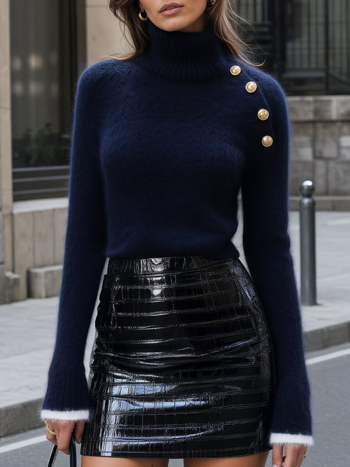 Gold Button Turtleneck Fluffy Knit Base Layer Top