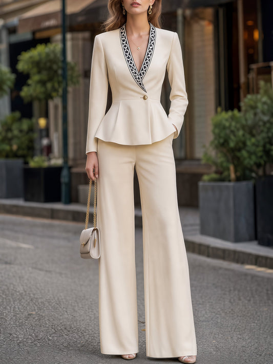 Woven Trim Lapel Peplum Blazer & Wide-Leg Pants Tailored Set