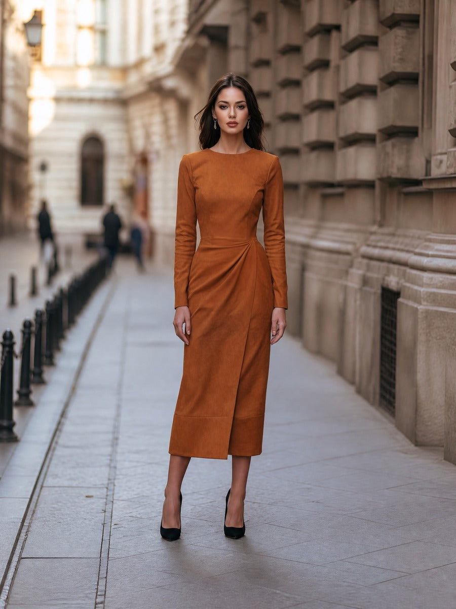 Draped-Waist Suede Midi Dress