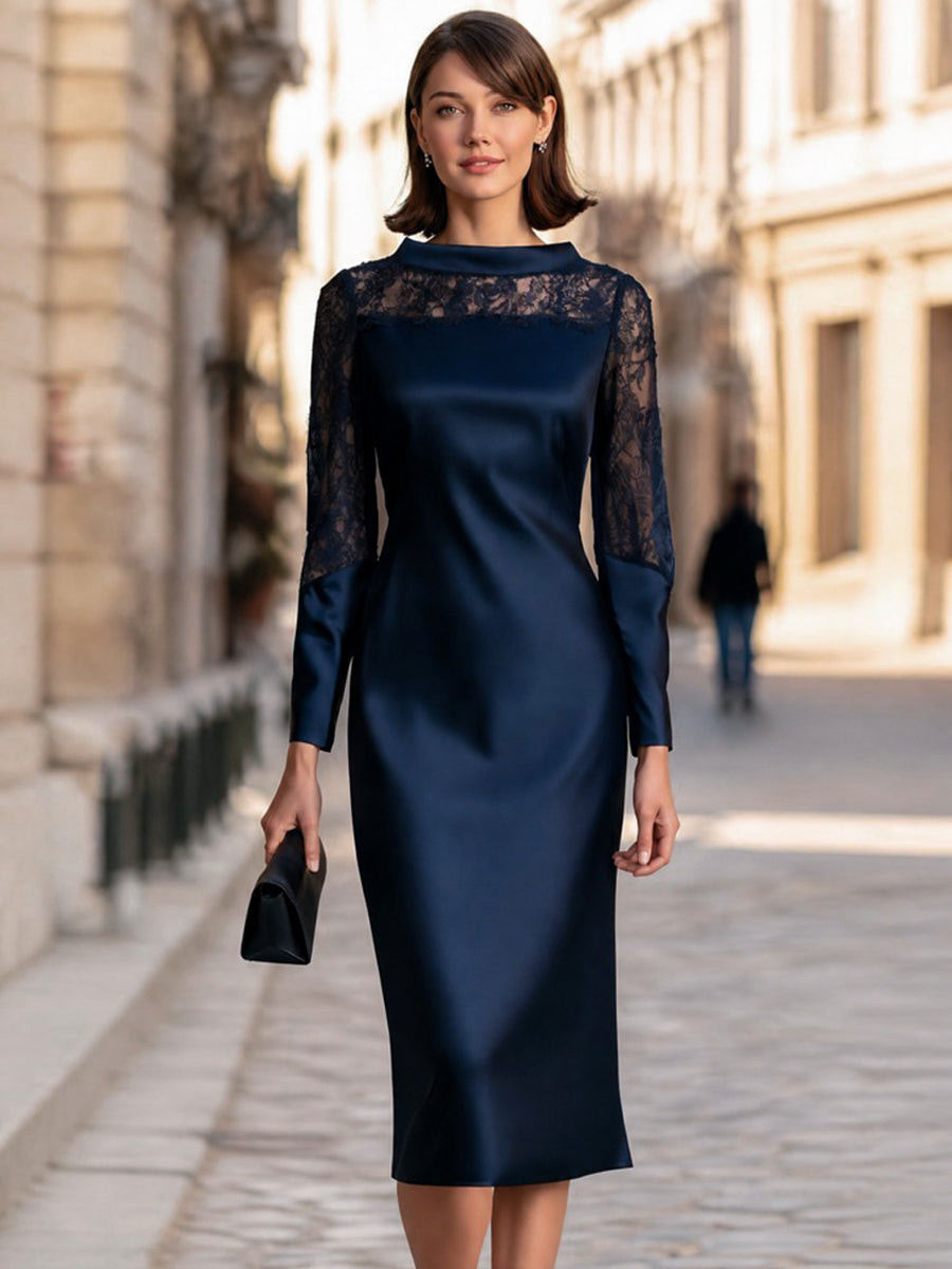 Lace Yoke Satin-Panel Sheath Midi Dress With High Neckline