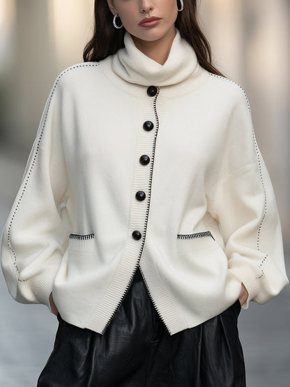 Contrast-Stitch Turtleneck Knit Cardigan