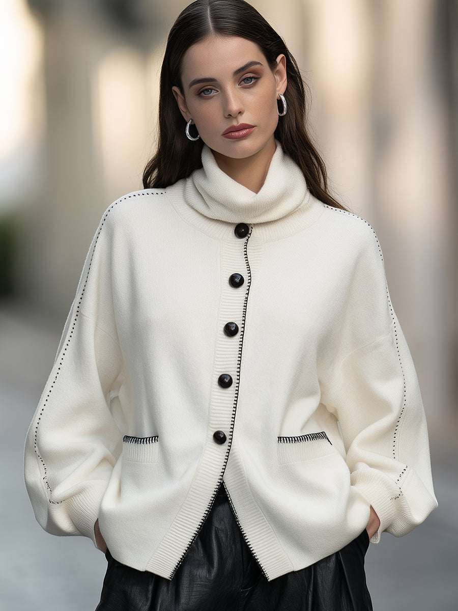 Contrast-Stitch Turtleneck Knit Cardigan