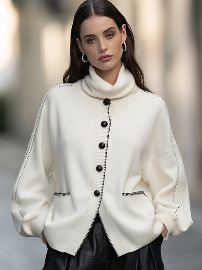 Contrast-Stitch Turtleneck Knit Cardigan