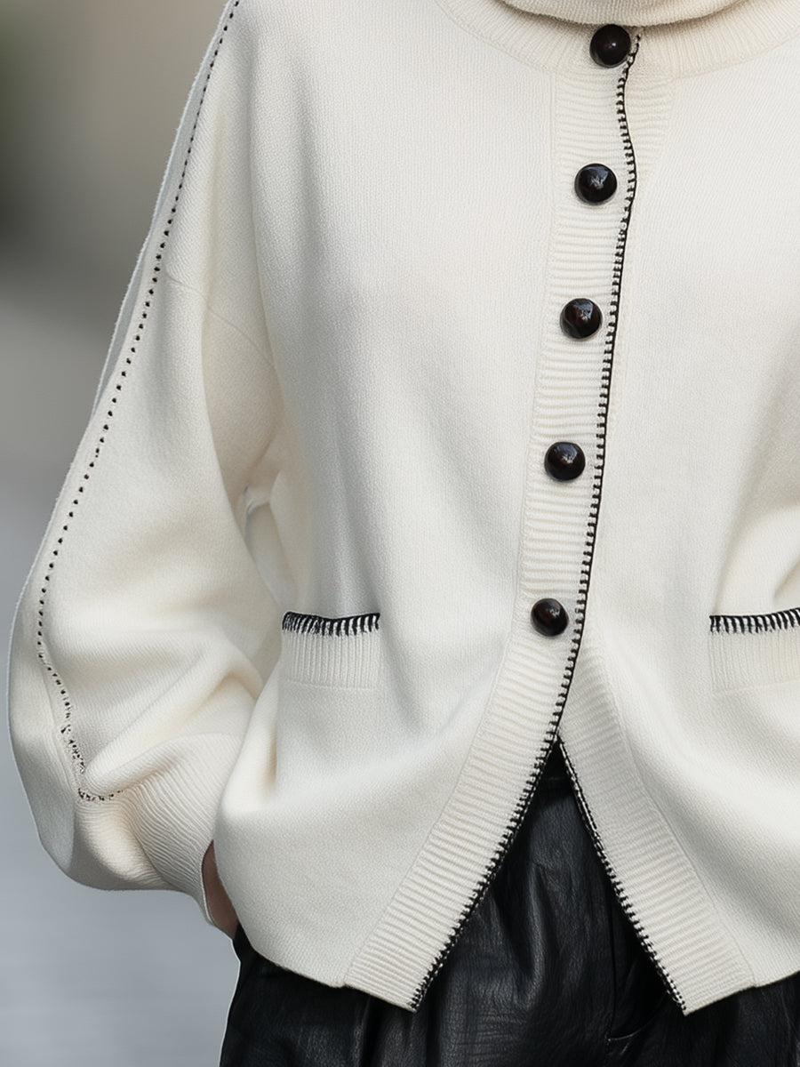Contrast-Stitch Turtleneck Knit Cardigan