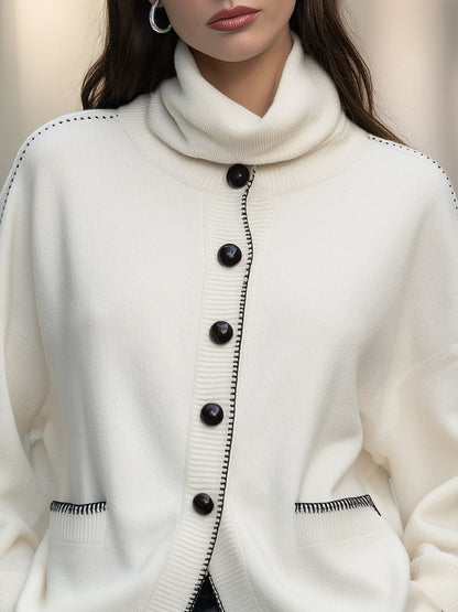 Contrast-Stitch Turtleneck Knit Cardigan