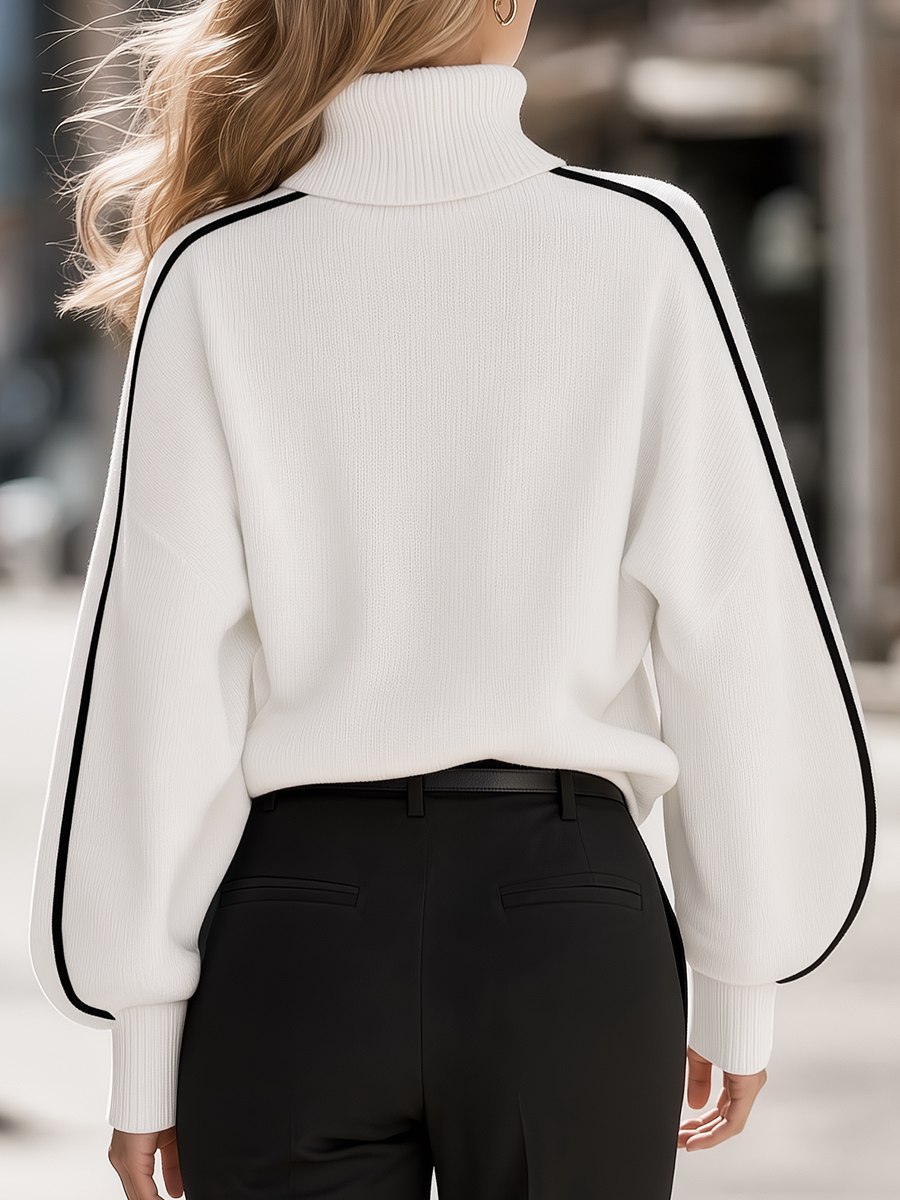 Contrast Piping Turtleneck Drop-Shoulder Knit Sweater