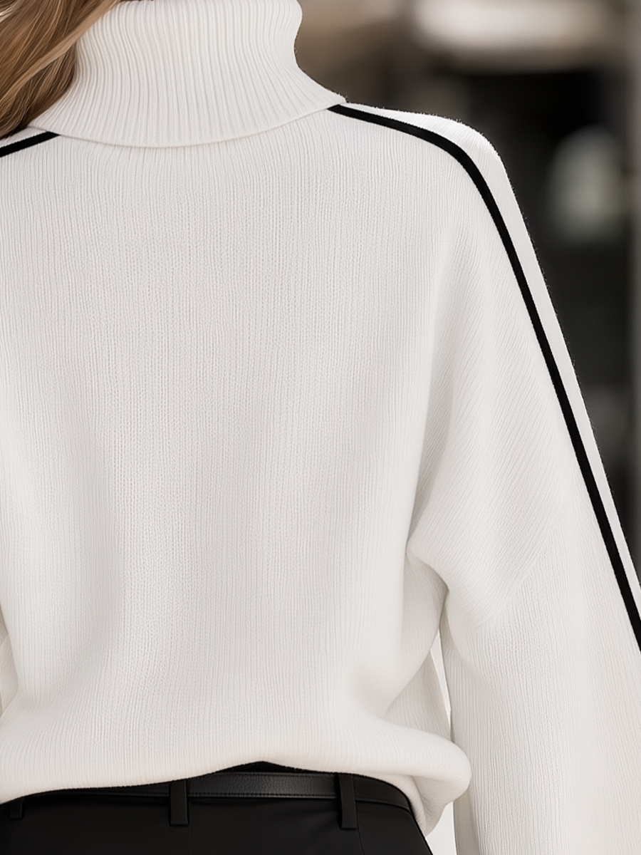 Contrast Piping Turtleneck Drop-Shoulder Knit Sweater