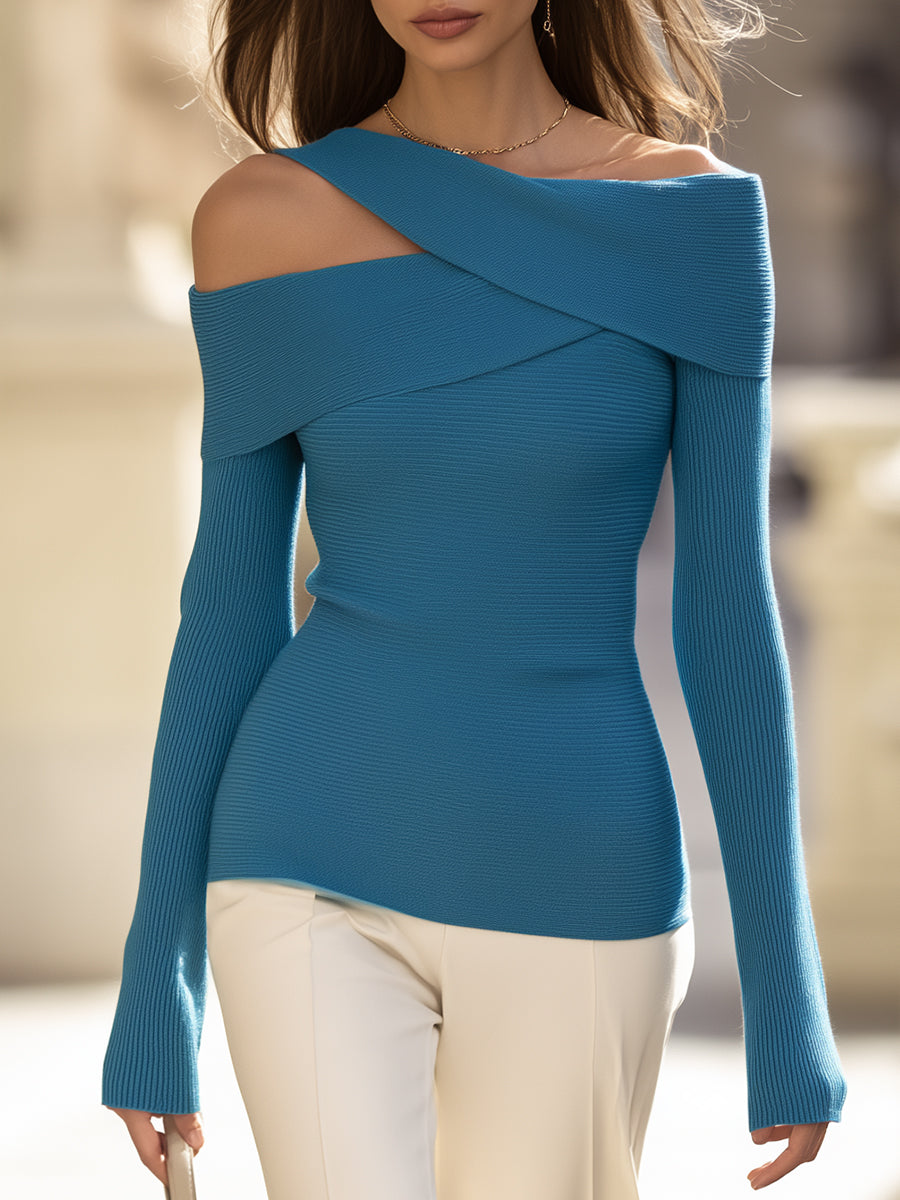 Crossover Off-Shoulder Ribbed Knit Top