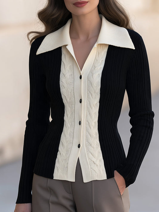 Cable Knit Contrast Collar Cardigan