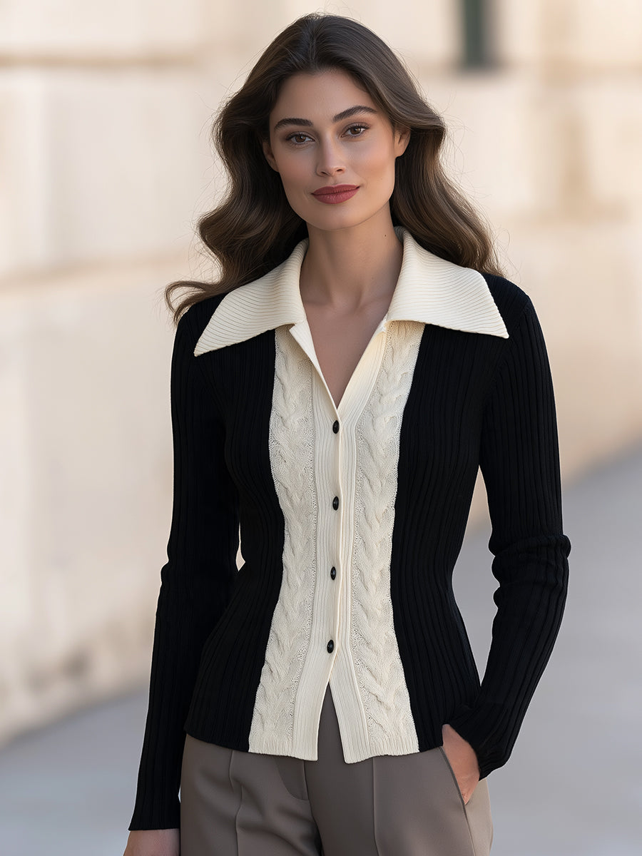 Cable Knit Contrast Collar Cardigan