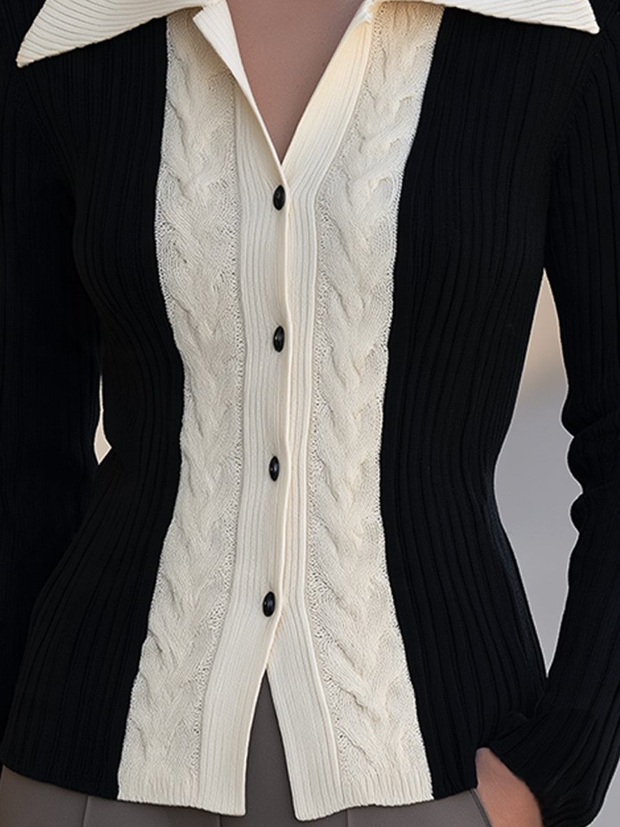 Cable Knit Contrast Collar Cardigan