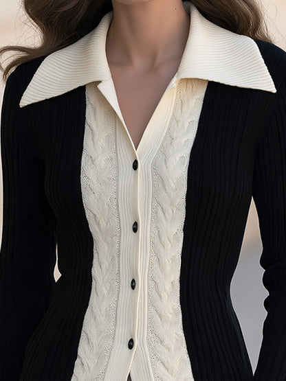 Cable Knit Contrast Collar Cardigan